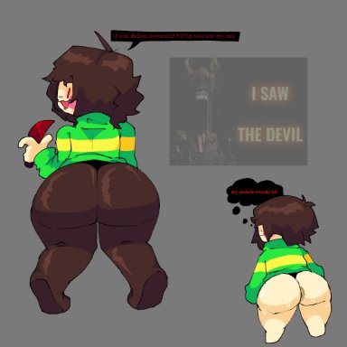 five nights at freddy's, scottgames, toby fox, undertale, undertale (series), chara, evilgoober, ambiguous gender, anus, anus peek, ass bigger than body, ass focus, big ass, blush, bottomless