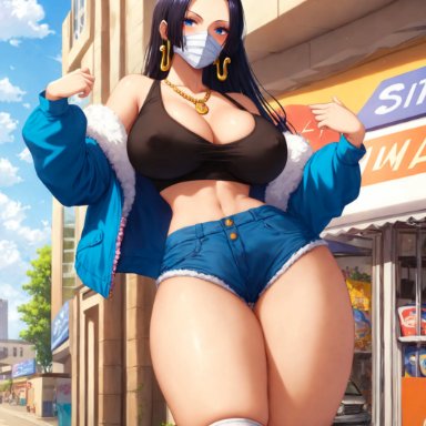 one piece, boa hancock, alex-schura, 1girls, bangs, bare shoulders, black hair, black tank top, blue eyes, blue jacket, blue shorts, blue sky, blush, breasts, building