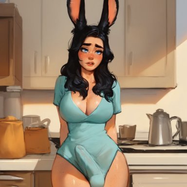 stableladle, 1futa, big breasts, big penis, black hair, blue eyes, bulge, bunny ears, erection under clothes, futanari, kitchen, large breasts, long hair, solo, ai generated