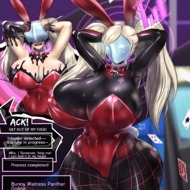 persona, persona 5, ann takamaki, bunny waitress, shadow (persona), shadow waitress, mahou monster, big ass, big breasts, big butt, black skin, bowtie, bunny ears, bunnygirl, bunnysuit