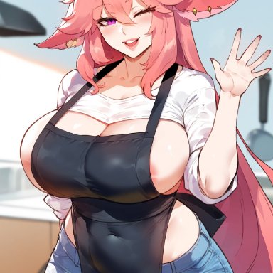 genshin impact, yae miko, miyuai, :d, 1girls, animal ears, apron, apron only, areola, areola slip, areolae, areolae slip, denim, female, female focus