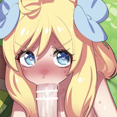 jashin-chan dropkick, jashin-chan, mizumizuni, :&gt;=, 1boy1girl, blonde hair, blue eyes, blush, cum, cum in mouth, female, hair ribbon, heart-shaped pupils, long hair, small breasts