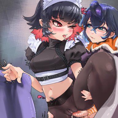 zenless zone zero, belle (zenless zone zero), ellen joe, victoria housekeeping, arrax (wdah8558), 1futa, 1girls, ahoge, black hair, black pantyhose, blue hair, blush, breasts, clothed, clothed sex