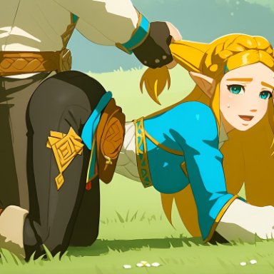 breath of the wild, the legend of zelda, princess zelda, zelda (breath of the wild), aindroidparanoid, aindaindroidparanoid, big butt, blonde hair, blue eyes, cameltoe, doggy style, from behind, grass, hands on ground, huge ass