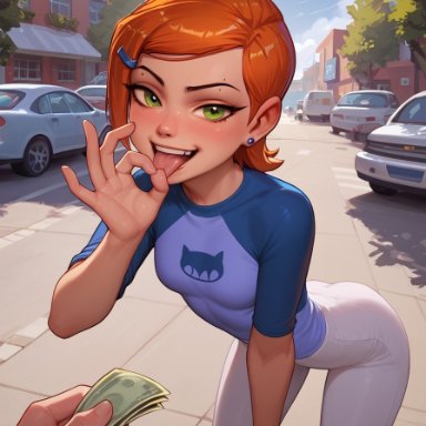 ben 10, gwen tennyson, 1girls, blowjob, female, gesture, money, prostitution, slyndor, tagme (slyndor),, tight, tight clothes, tight clothing, tight fit, tight pants