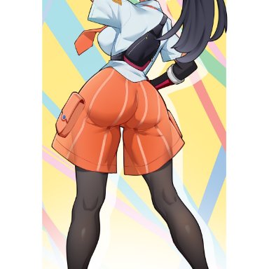 game freak, nintendo, pokemon, pokemon sv, nemona (pokemon), pokemon champion, pokemon trainer, bayeuxman, 1girls, ass, ass focus, back, back view, bare arms, big ass