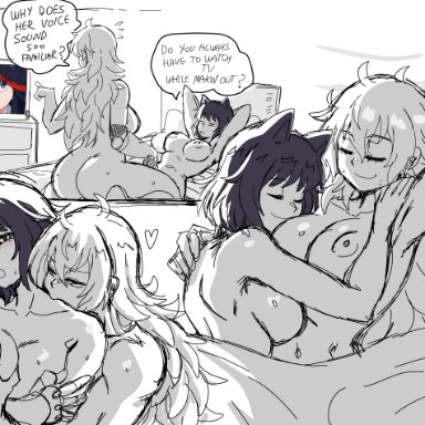 kill la kill, rwby, blake belladonna, matoi ryuuko, yang xiao long, lewdamone, 2girls, after sex, ass, bed, bedroom, black hair, blonde hair, breasts, canon couple