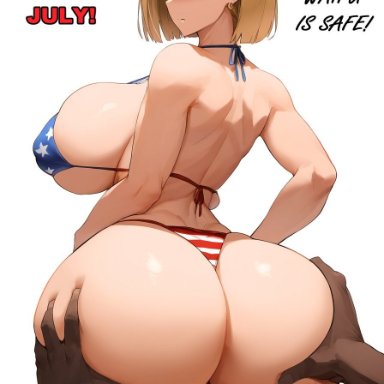 4th of july, dragon ball, dragon ball super, android 18, 1boy, 1girls, american flag bikini, ass, ass bigger than head, ass focus, big ass, big breasts, bikini, black guy, black male