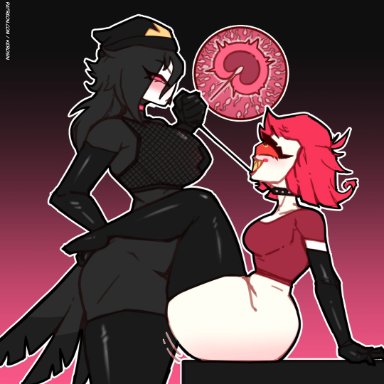 hazbin hotel, helluva boss, niffty (hazbin hotel), octavia (helluva boss), kerosin, 1futa, 1girls, anthro, avian, collar, cum, duo, female, futa on female, futanari