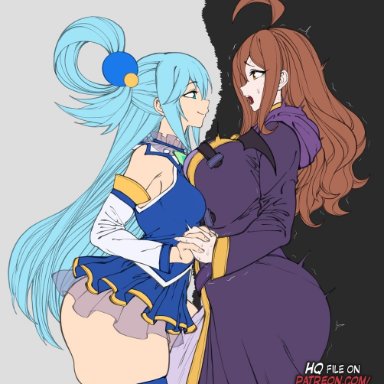 aqua (konosuba), wiz (konosuba), thegoldensmurf, 2girls, big breasts, blue eyes, blue hair, breasts, brown eyes, brown hair, female, female only, multiple girls, tagme