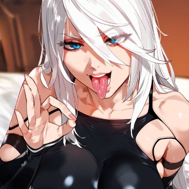 nier (series), nier: automata, yorha a2, floxin, 1girls, android, bare shoulders, bed, black gloves, blue eyes, breasts, cleavage, clothing, completely nude, curvaceous