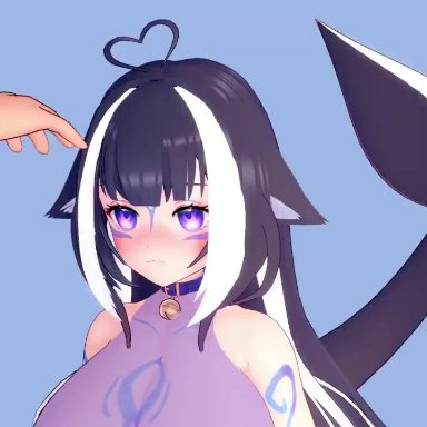 shylily, deluxe rosie, 1girls, ahoge, bell collar, big breasts, blue hair, blush, body markings, breasts, collar, dark hair, disembodied hand, female, female focus