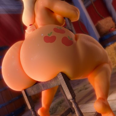 my little pony, applejack (mlp), snuddy, ass bigger than head, bubble butt, butt crack, chair, completely nude, feet, hat, long hair, sitting, 3d, tagme