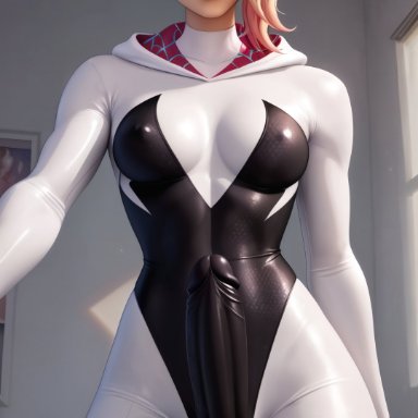 marvel, patreon, gwen stacy, ip fox, 1futa, asymmetrical hair, balls, big dick, big penis, blonde hair, blue eyes, bodysuit, breasts, bulge, bulge through clothing