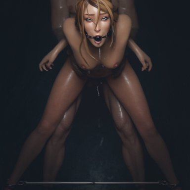 life is strange, rachel amber, wibby, 1boy, 1girls, arms behind back, ball gag, blonde hair, bondage, chains, female, fluids, from behind, hazel eyes, male