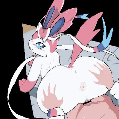 nintendo, pokemon, eeveelution, generation 6 pokemon, pokemon (species), sylveon, sky necko, anus, ass, blue body, blush, cum, cum inside, duo, erection