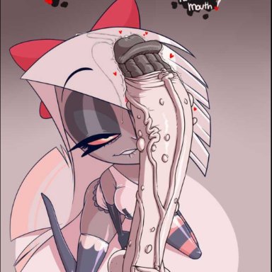 hazbin hotel, vivienne medrano, vaggie (hazbin hotel), madmark, 1futa, 1girls, balls, biting lip, breasts, canon couple, clothed, clothing, duo, erection, erection under clothes