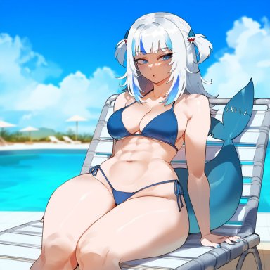 hololive, hololive english, gawr gura, creamy ai, beach chair, bikini, blue eyes, blue hair, cleavage, curvy, medium breasts, multicolored hair, shark tail, sitting, thick thighs