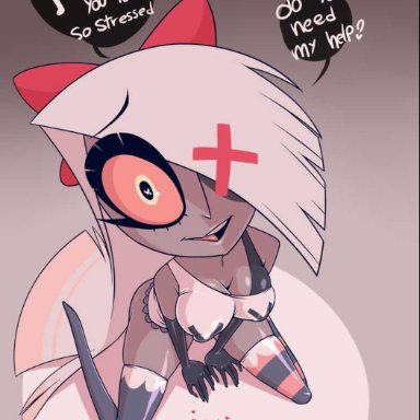 hazbin hotel, vivienne medrano, vaggie (hazbin hotel), madmark, 1futa, 1girls, breasts, canon couple, clothed, clothing, duo, erection, erection under clothes, faceless character, faceless futanari