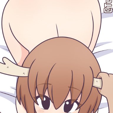 my deer friend nokotan, shikanoko nokonoko koshitantan, shikanoko noko, teliodraw, animal humanoid, ass, bob cut, brown hair, deer girl, fellatio, hair between eyes, holding horn, horn, looking at viewer, short hair