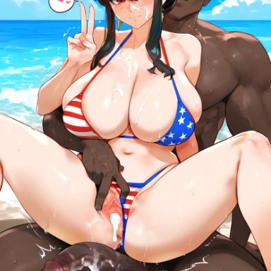 spy x family, yor briar, yor forger, owner (artist), 1boy, 1girl, 1girls, after sex, after vaginal, american flag, american flag bikini, beach, big breasts, big penis, bikini