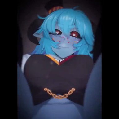 opalu (vtuber), skello-on-sale, 1boy, adunba rell, ahe gao, anus, ass, black sclera, blue hair, blue skin, breasts, chains, colored sclera, colored skin, cum