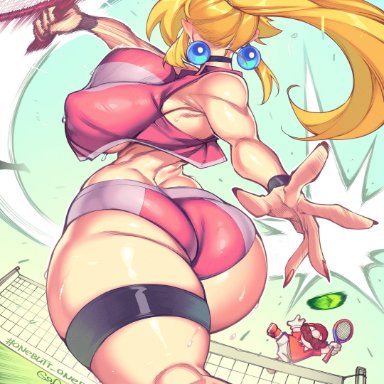 mario (series), nintendo, super mario bros., mario, princess peach, gofa, 1boy1girl, ass cleavage, big ass, big breasts, big butt, big thighs, blonde, blonde hair, booty shorts