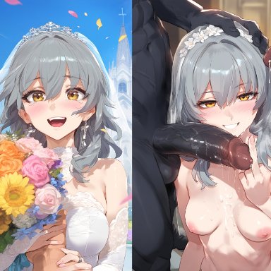 honkai (series), honkai: star rail, stelle (honkai: star rail), lewdqueen, 1girls, 3boys, affair, black male, blush, bouquet, breasts, cheating, cheating on wedding day, cheating wife, church