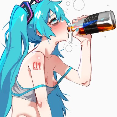 jack daniel's, project sekai, vocaloid, hatsune miku, slurp (artist), 1girls, blush, drunk, light green hair, pale skin, pale-skinned female, rolling eyes, small breasts, twintails, whiskey