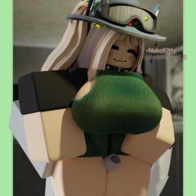 roblox, starbucks, roblox avatar, cher924, 1girl1boy, big ass, big breasts, blonde hair, blush, fox girl, fox tail, goggles on head, hand on breast, looking at penis, looking down