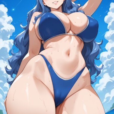 fairy tail, juvia lockser, bombacopta, 1girls, beach, big breasts, bikini, bikini bottom, bikini top, blue bikini, blue eyes, blue hair, breasts, curvy, female