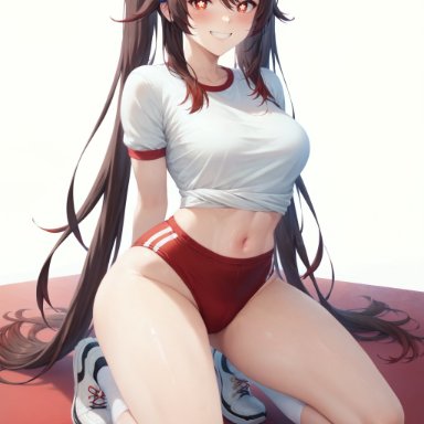 genshin impact, mihoyo, hu tao (genshin impact), aimoonshine, 1girls, alternate breast size, alternate costume, arms behind back, bangs, bloomers, blush, breasts, brown hair, buruma, female