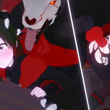 rwby, beowolf (rwby), grimm (rwby), ruby rose, exzelled, big penis, canine genitalia, canine penis, clothed, clothed female, clothed female nude male, clothed sex, clothing, crotchless, cum