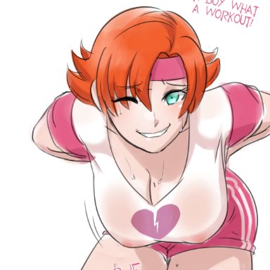 rwby, nora valkyrie, sinccubi, 1girls, big breasts, booty shorts, female, ginger, ginger hair, gym clothes, gym uniform, imminent stripping, orange hair, see-through, see-through clothing