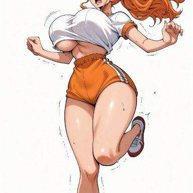 one piece, shounen jump, nami, nami (one piece), yashin, 1girls, angry, bare legs, bare thighs, big breasts, blush, clothed, clothing, female, female focus