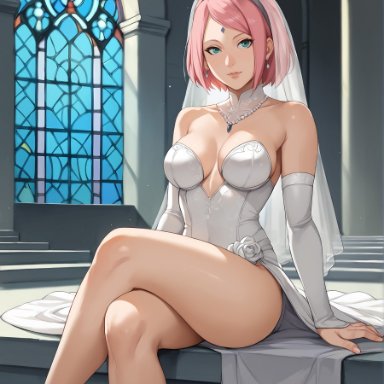 boruto: naruto next generations, naruto, naruto (series), sakura haruno, temptart, 1girls, adapted costume, alternate breast size, alternate costume, arm gloves, arm support, bare arms, bare breasts, bare chest, bare shoulders