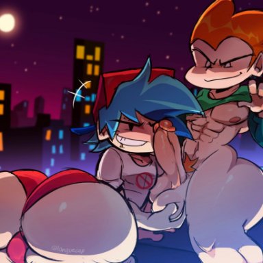 friday night funkin, boyfriend (friday night funkin), femboyfriend, pico (newgrounds), sabobonds, 2boys, ass, balls, blue hair, bottomless, femboy, fondling balls, gay, girly, hat