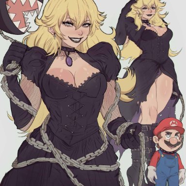 mario (series), mario, princess peach, yoracrab, big breasts, breasts, cleavage, female, goth, huge breasts, thick thighs, wide hips