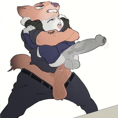 disney, zootopia, judy hopps, nick wilde, raburesu , anal, anal juice, anal sex, anthro, anus, balls, big penis, biped, black clothing, blue clothing