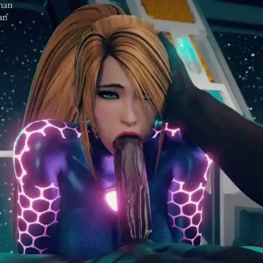 samus aran, zero suit samus, bouquetman, blonde hair, blowjob, blue eyes, cum in mouth, dark-skinned male, faceless male, fellatio, glowing, hand on another's head, pov, sucking penis, animated