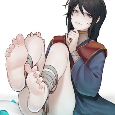 elden ring, fromsoftware, sorceress sellen, 7chewkaesa, artist request, 1girls, barefoot, black hair, blue eyes, dark hair, feet, female, female only, foot fetish, foot focus