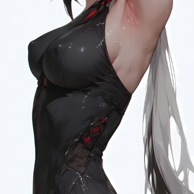 genshin impact, arlecchino (genshin impact), armpits, black bodysuit, bodysuit, breats, covered nipples, sweat, wet, ai generated