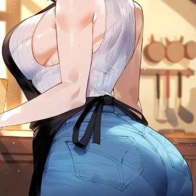 chainsaw man, higashiyama kobeni, creamy ai, apron, ass, ass focus, black hair, curvy, dat ass, denim, fat ass, female only, head out of frame, huge ass, jeans