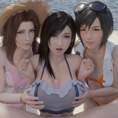 final fantasy, final fantasy vii, final fantasy vii remake, aerith gainsborough, tifa lockhart, yuffie kisaragi, lazyprocrastinator, 1boy, 3girls, assisted paizuri, beach, bikini, black hair, brown hair, female