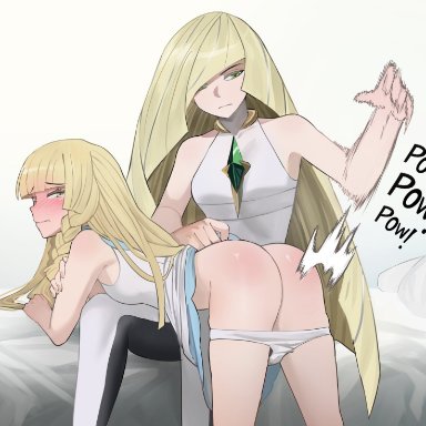 pokemon, pokemon sm, lillie (pokemon), lusamine (pokemon), jourd4n, 2girls, ass, bed, bed sheet, blonde hair, braid, disappointed, dress, embarrassed, expressionless