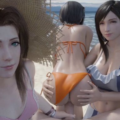 final fantasy, final fantasy vii, final fantasy vii remake, aerith gainsborough, tifa lockhart, yuffie kisaragi, lazyprocrastinator, 1boy, 3girls, beach, bikini, bikini bottom, bikini top, black hair, brown hair