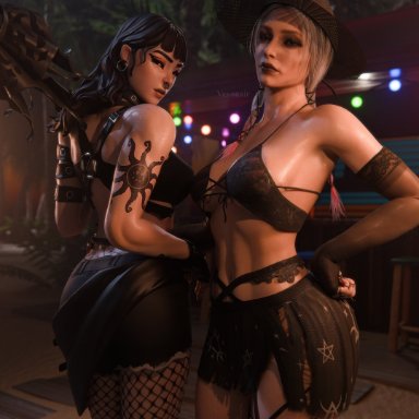 dead by daylight, fortnite, phaedra (fortnite), sable ward, vexonair, 2girls, armwear, bikini, bikini top, black eyeliner, black eyeshadow, black lipstick, black nails, detached sleeves, earrings