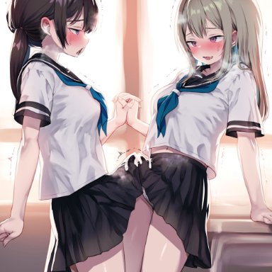 original, ayanakitori, 2futas, arm support, black hair, black skirt, blonde hair, blue neckerchief, blush, breasts, clothed, clothing, cum, cum on clothes, duo