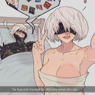 metal gear rising, metal gear solid, nier, nier (series), nier: automata, snapchat, raiden (metal gear), yorha 2b, yoracrab, after sex, blindfold, concerned, condom wrapper, couple, couple (romantic)