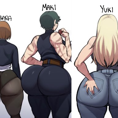 jujutsu kaisen, kugisaki nobara, yuki tsukumo, zenin maki, blackwhiplash, 3girls, ass, ass grab, asses, asses row, big ass, big butt, blonde, blonde female, blonde hair